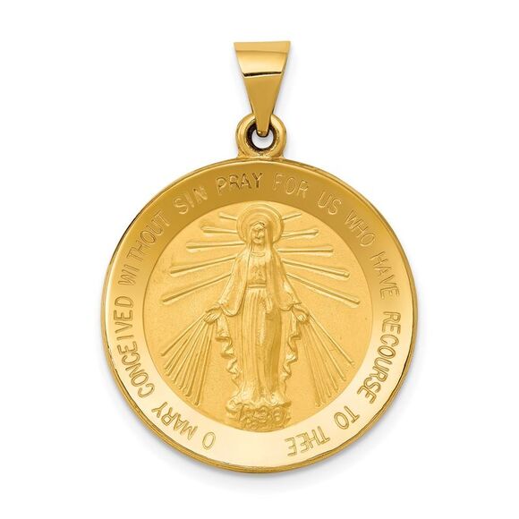 14k Yellow Gold Hollow Round Miraculous Medal Pendant 22mm (7/8 Inch)